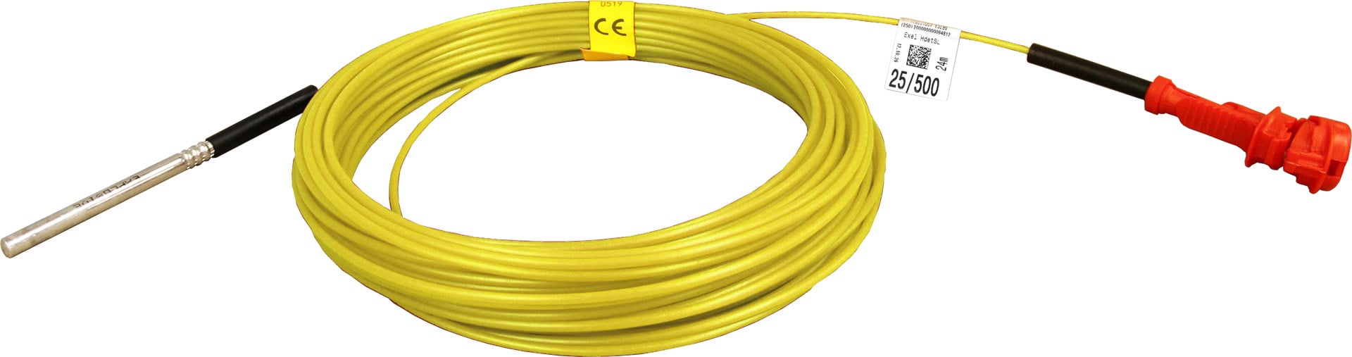 Fabryczny system nieelektryczny Exel™ Handidet™: metalowa tuleja, żółta rurka sygnałowa, etykieta identyfikacyjna i złącze. Źródło fotografii: Orica — Exel™, dostęp 28.07.2026.